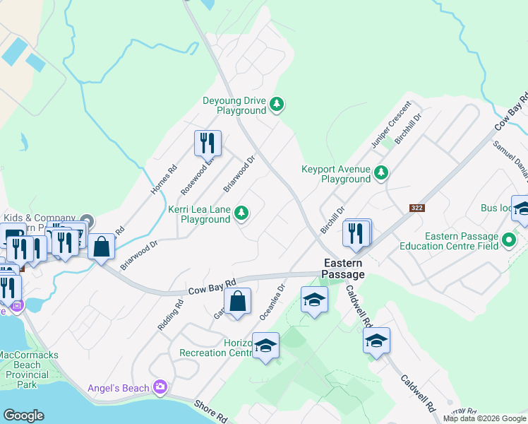 map of restaurants, bars, coffee shops, grocery stores, and more near 43 Castlebridge Lane in Eastern Passage