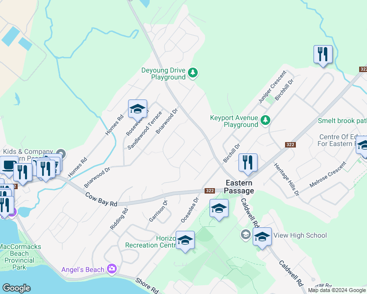 map of restaurants, bars, coffee shops, grocery stores, and more near 43 Castlebridge Lane in Eastern Passage