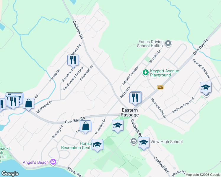 map of restaurants, bars, coffee shops, grocery stores, and more near 1702 Caldwell Road in Eastern Passage