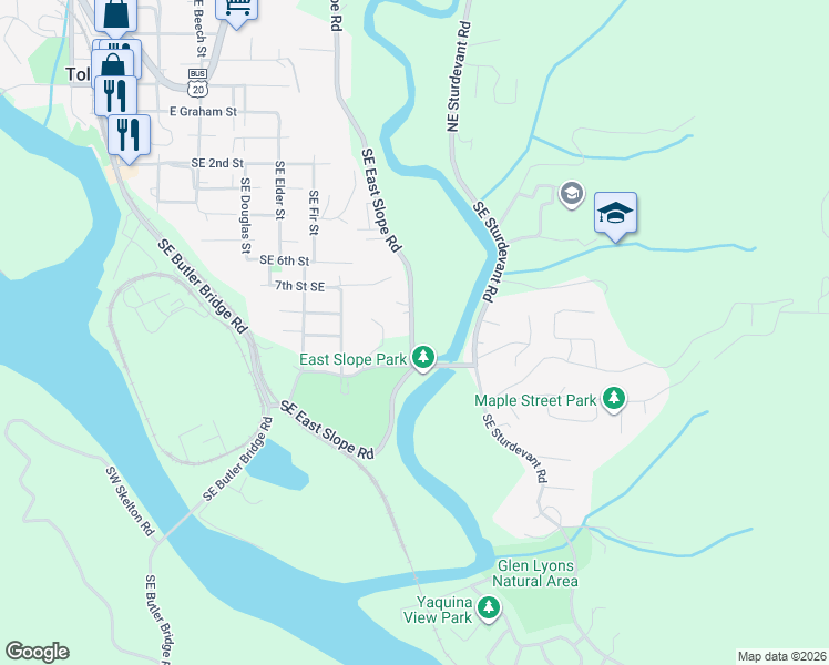 map of restaurants, bars, coffee shops, grocery stores, and more near 540-642 SE East Slope Rd in Toledo
