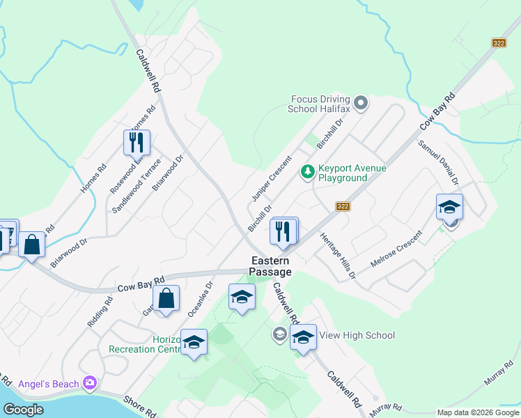 map of restaurants, bars, coffee shops, grocery stores, and more near 20 Birchill Drive in Eastern Passage