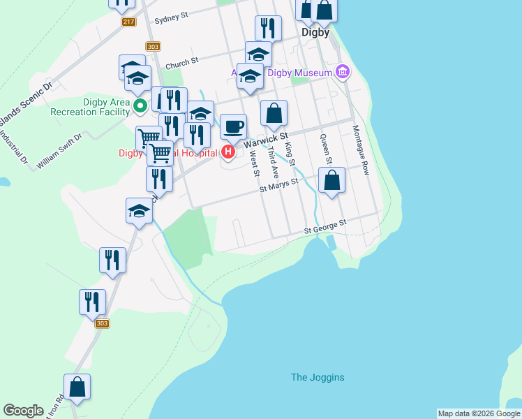 map of restaurants, bars, coffee shops, grocery stores, and more near 33 West Street in Digby