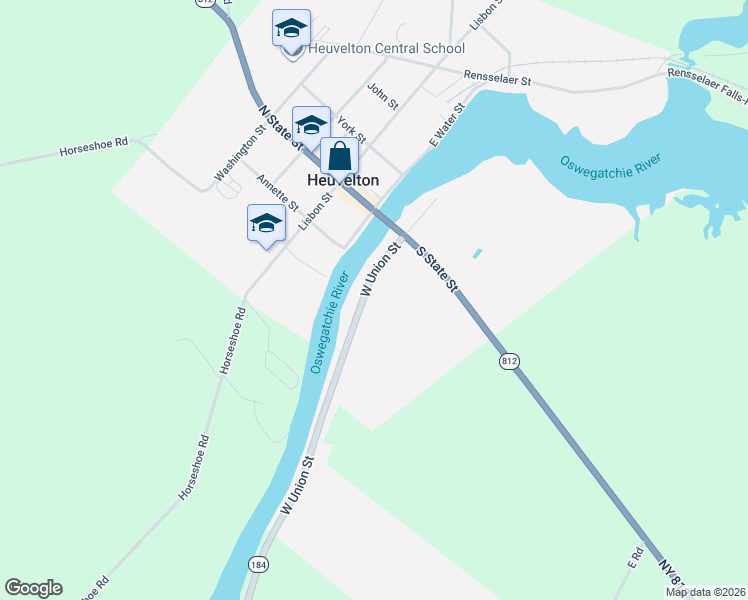 map of restaurants, bars, coffee shops, grocery stores, and more near 28-156 W Union St in Heuvelton