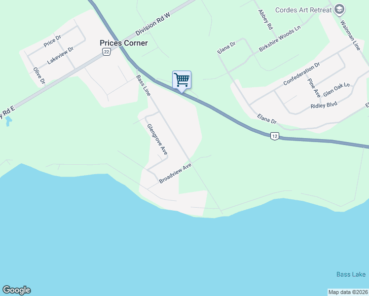 map of restaurants, bars, coffee shops, grocery stores, and more near 129 Bass Line in Orillia