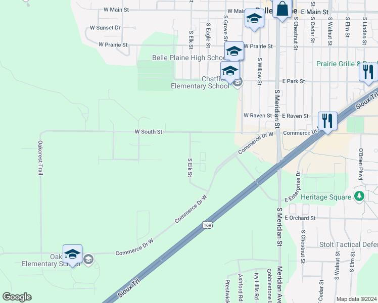 map of restaurants, bars, coffee shops, grocery stores, and more near 525 South Elk Street in Belle Plaine