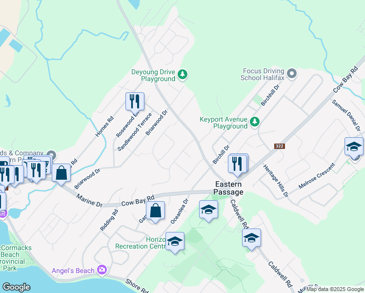 map of restaurants, bars, coffee shops, grocery stores, and more near 19 Kaleigh Drive in Eastern Passage