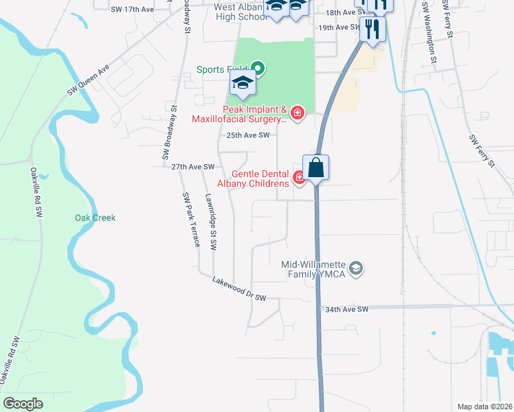 map of restaurants, bars, coffee shops, grocery stores, and more near 1114 29th Avenue Southwest in Albany