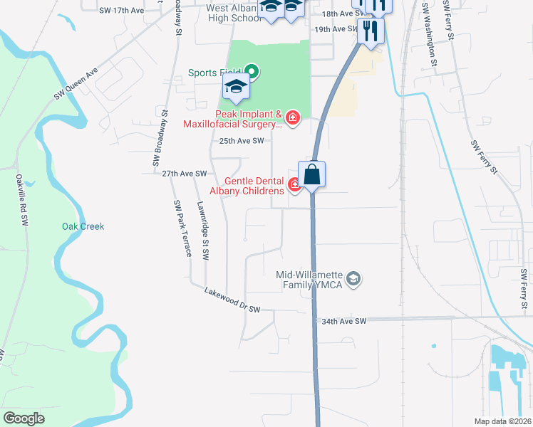 map of restaurants, bars, coffee shops, grocery stores, and more near 1114 29th Avenue Southwest in Albany