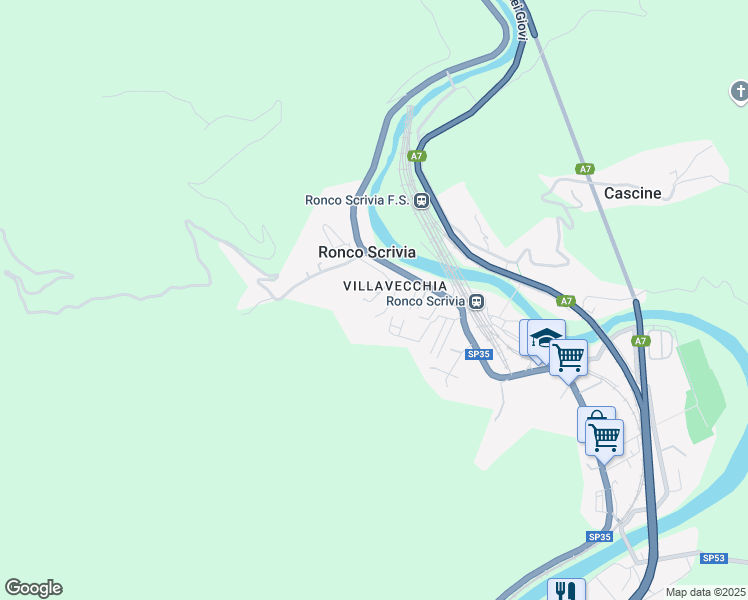 map of restaurants, bars, coffee shops, grocery stores, and more near 24 Via Padre Francesco Borghero in Ronco Scrivia