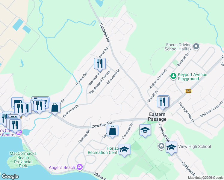 map of restaurants, bars, coffee shops, grocery stores, and more near Kerri Lea Lane in Eastern Passage