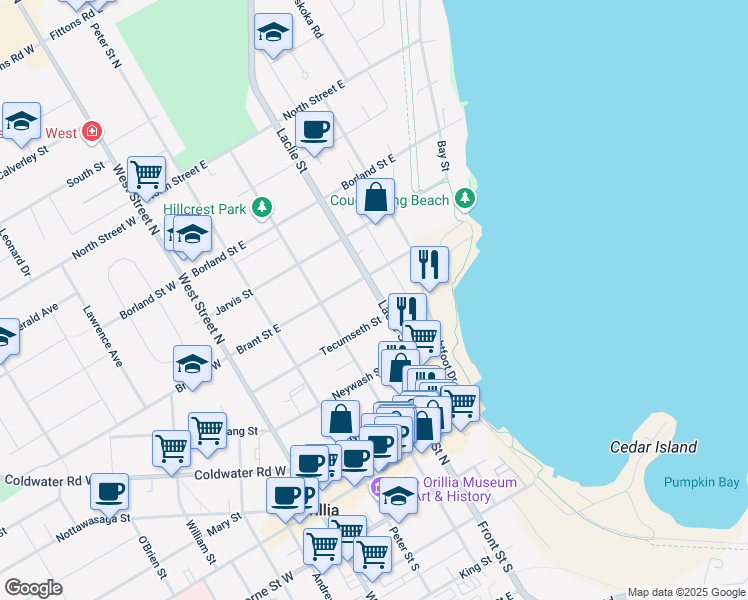 map of restaurants, bars, coffee shops, grocery stores, and more near 139 Laclie Street in Orillia