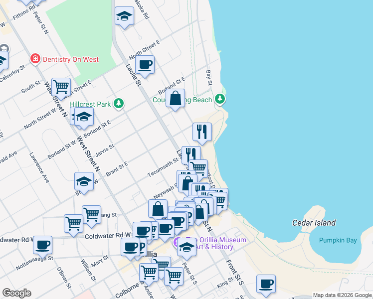 map of restaurants, bars, coffee shops, grocery stores, and more near 132 Tecumseth Street in Orillia