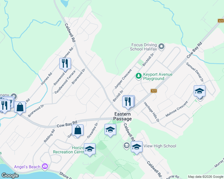map of restaurants, bars, coffee shops, grocery stores, and more near 18 Juniper Crescent in Eastern Passage