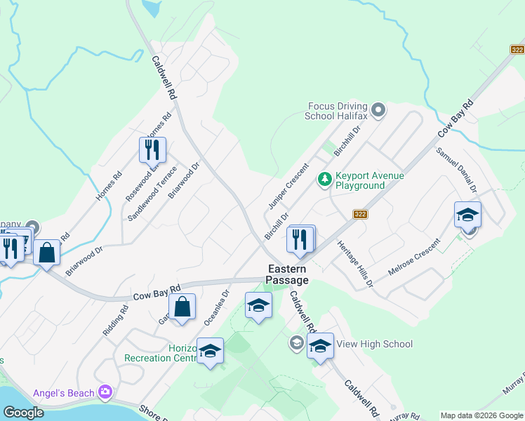 map of restaurants, bars, coffee shops, grocery stores, and more near 18 Juniper Crescent in Eastern Passage