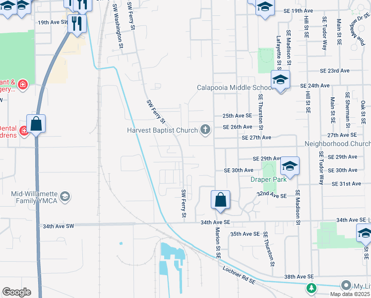 map of restaurants, bars, coffee shops, grocery stores, and more near 190 29th Avenue Southwest in Albany