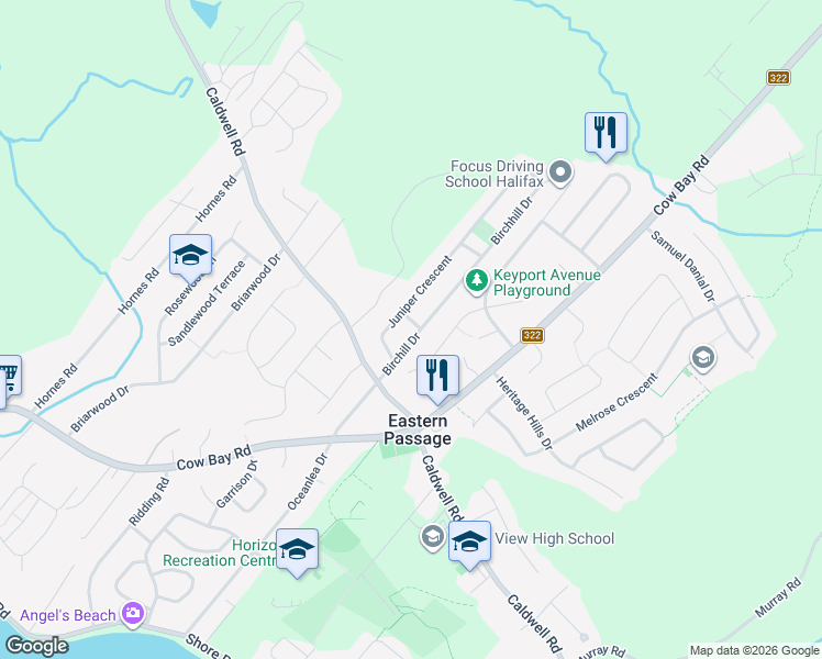 map of restaurants, bars, coffee shops, grocery stores, and more near 20 Birchill Drive in Eastern Passage