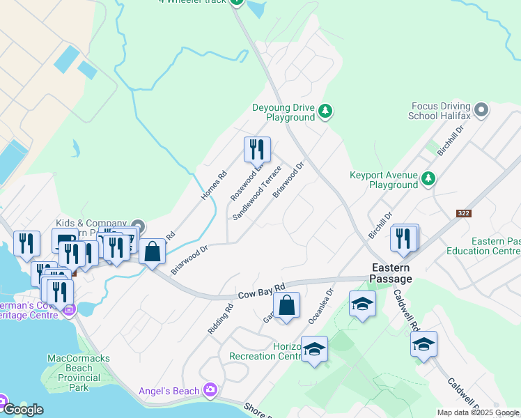 map of restaurants, bars, coffee shops, grocery stores, and more near 112 Briarwood Drive in Eastern Passage