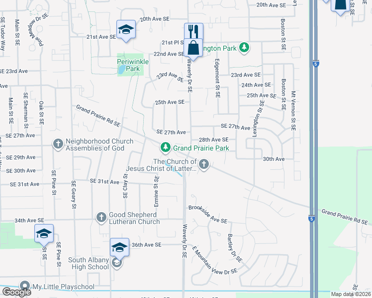map of restaurants, bars, coffee shops, grocery stores, and more near 2616 Prairie Place Southeast in Albany
