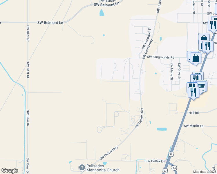 map of restaurants, bars, coffee shops, grocery stores, and more near 905 Southwest Burns Lane in Madras