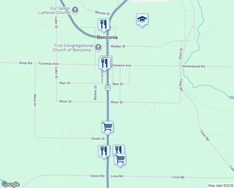 map of restaurants, bars, coffee shops, grocery stores, and more near 1125-1199 Michigan Avenue in Benzonia