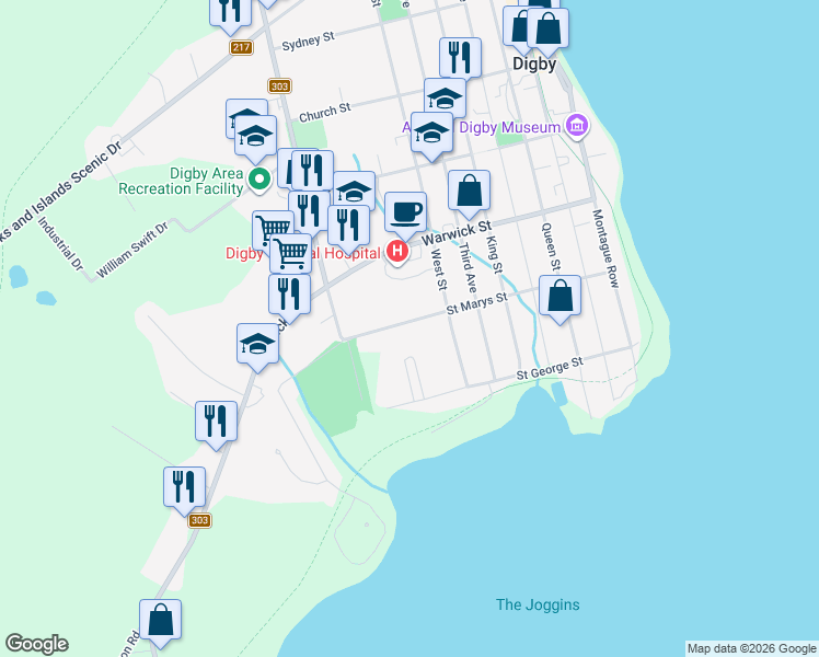 map of restaurants, bars, coffee shops, grocery stores, and more near 73 Saint Marys Street in Digby