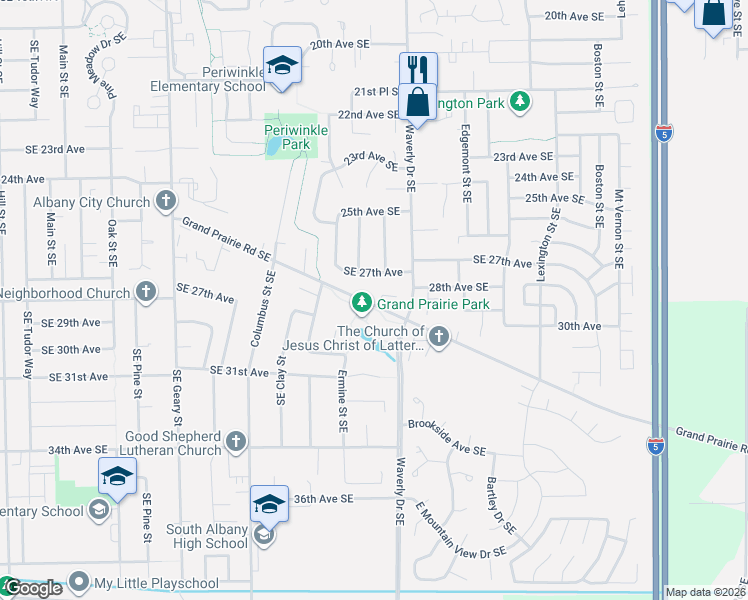 map of restaurants, bars, coffee shops, grocery stores, and more near 2530 Grand Prairie Road Southeast in Albany