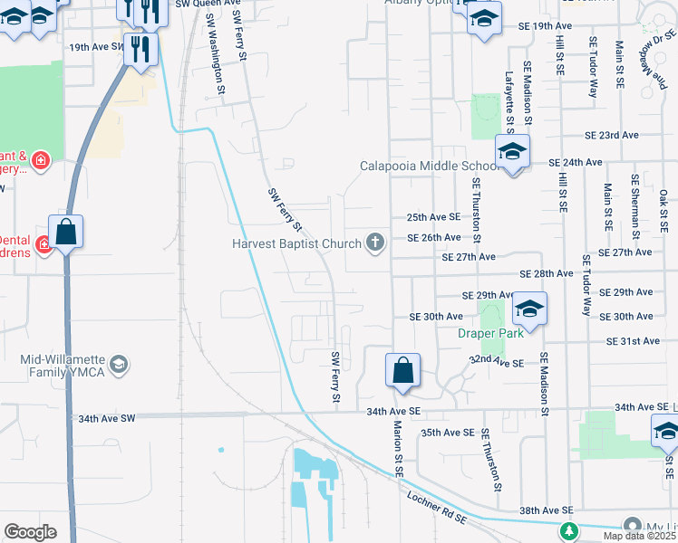 map of restaurants, bars, coffee shops, grocery stores, and more near 190 29th Avenue Southwest in Albany