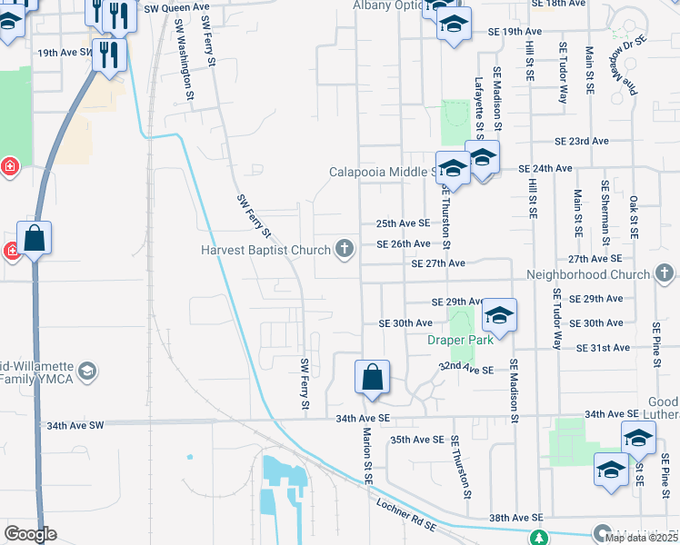 map of restaurants, bars, coffee shops, grocery stores, and more near 2840 Marion Street Southeast in Albany