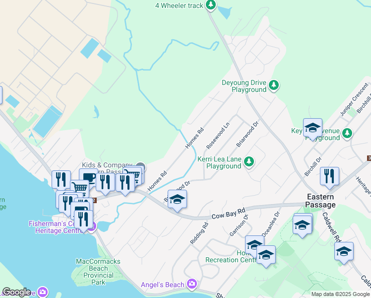 map of restaurants, bars, coffee shops, grocery stores, and more near Hornes Road in Eastern Passage