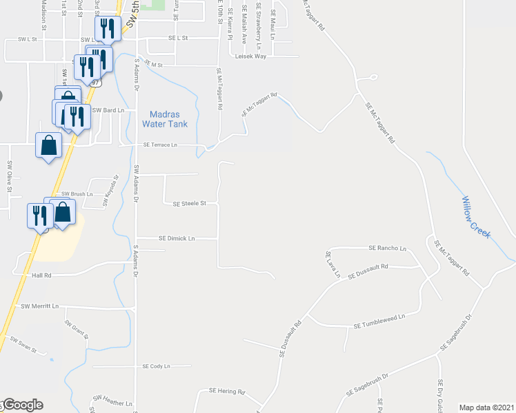 map of restaurants, bars, coffee shops, grocery stores, and more near 250 Southeast Steele Street in Madras