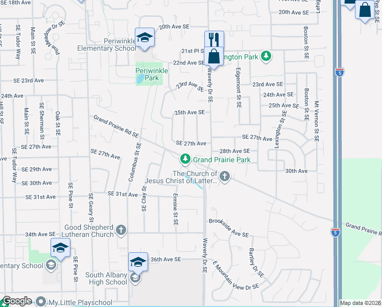 map of restaurants, bars, coffee shops, grocery stores, and more near 2530 Grand Prairie Road Southeast in Albany