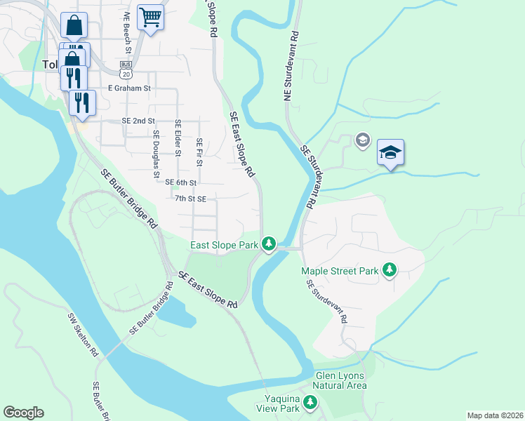 map of restaurants, bars, coffee shops, grocery stores, and more near 540 Southeast East Slope Road in Toledo