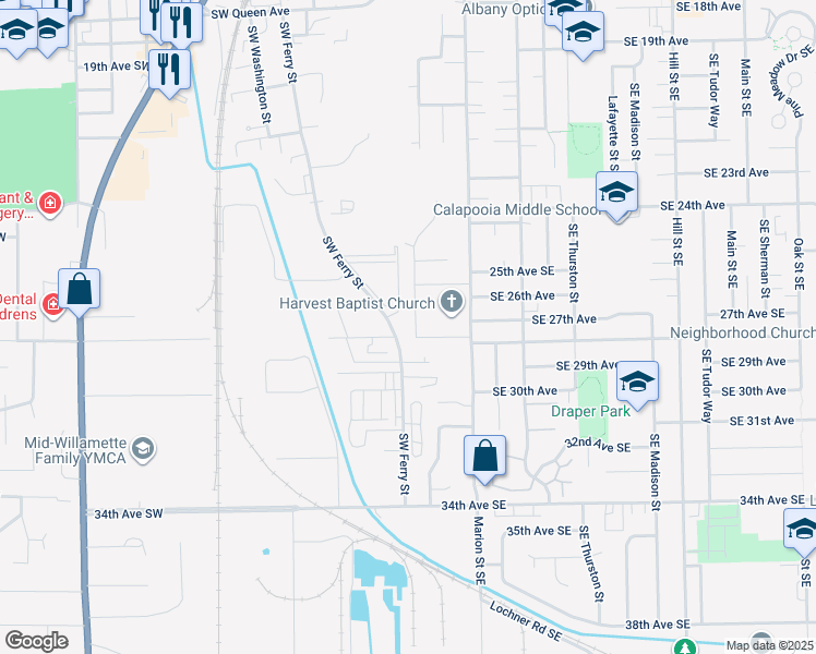 map of restaurants, bars, coffee shops, grocery stores, and more near 190 29th Avenue Southwest in Albany