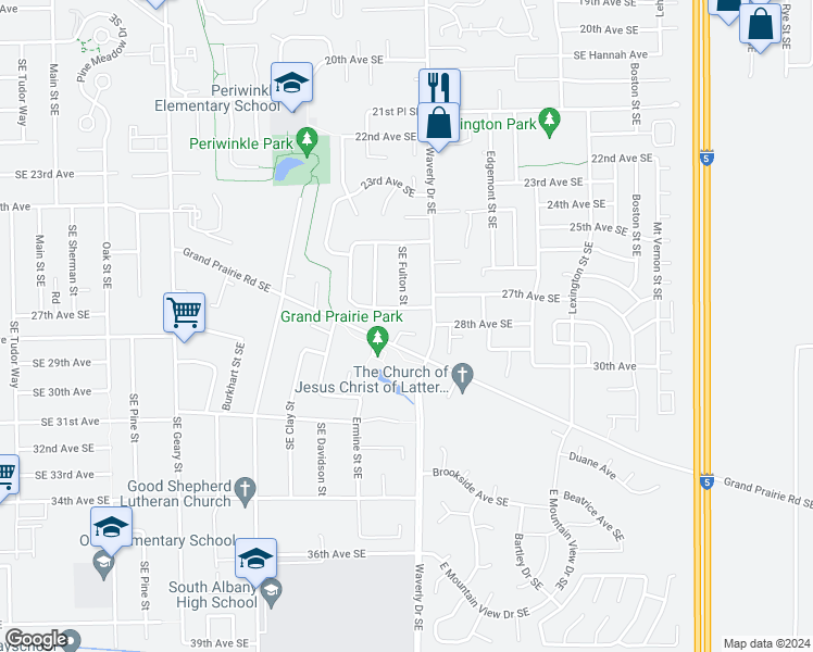 map of restaurants, bars, coffee shops, grocery stores, and more near 2517 Prairie Place Southeast in Albany