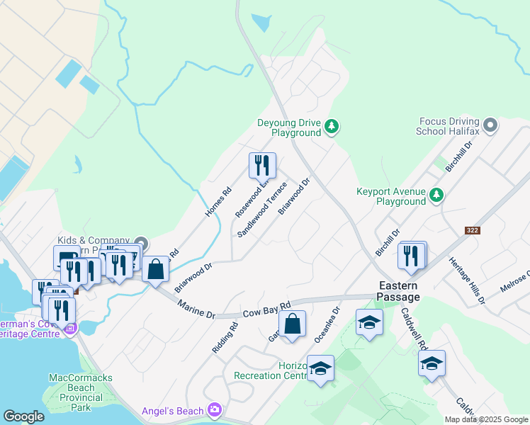 map of restaurants, bars, coffee shops, grocery stores, and more near 43 Sandlewood Terrace in Eastern Passage