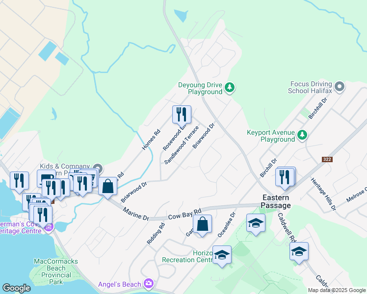 map of restaurants, bars, coffee shops, grocery stores, and more near 43 Sandlewood Terrace in Eastern Passage