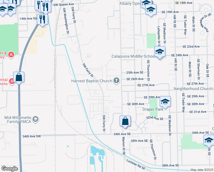 map of restaurants, bars, coffee shops, grocery stores, and more near 2485 Southeast Lyon Street in Albany