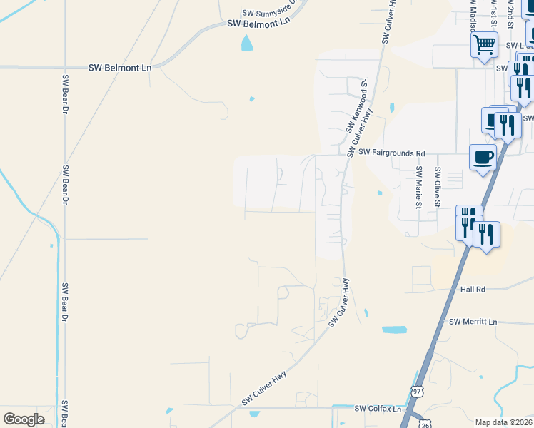 map of restaurants, bars, coffee shops, grocery stores, and more near 905 Southwest Burns Lane in Madras