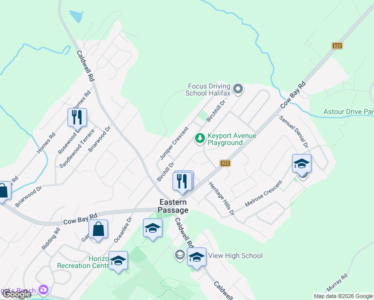 map of restaurants, bars, coffee shops, grocery stores, and more near 49 Birchill Drive in Eastern Passage