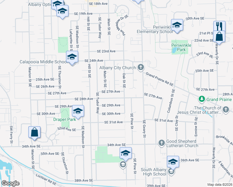map of restaurants, bars, coffee shops, grocery stores, and more near 2602 Southeast Sherman Street in Albany