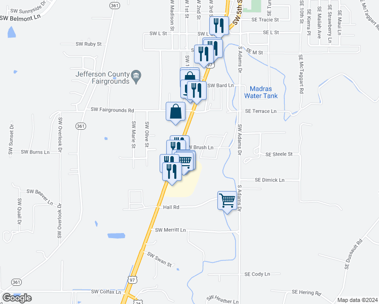 map of restaurants, bars, coffee shops, grocery stores, and more near 254 Southwest Brush Lane in Madras