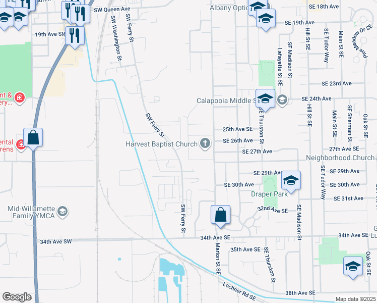 map of restaurants, bars, coffee shops, grocery stores, and more near 2485 Southeast Lyon Street in Albany