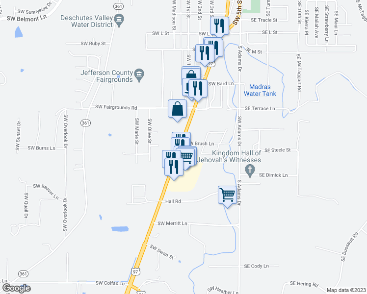 map of restaurants, bars, coffee shops, grocery stores, and more near 1535 U.S. 97 in Madras