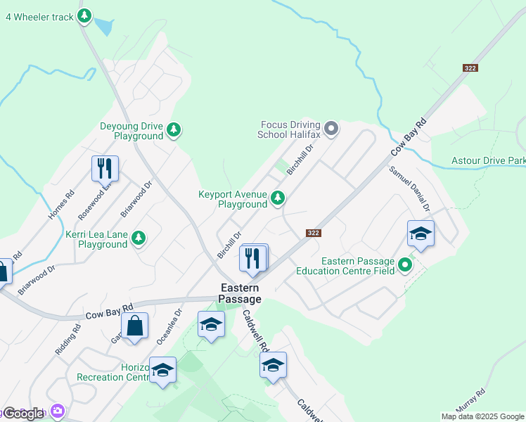 map of restaurants, bars, coffee shops, grocery stores, and more near 53 Birchill Drive in Eastern Passage