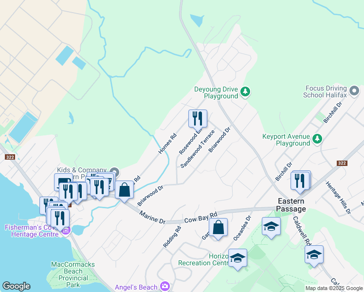 map of restaurants, bars, coffee shops, grocery stores, and more near 64 Rosewood Lane in Eastern Passage