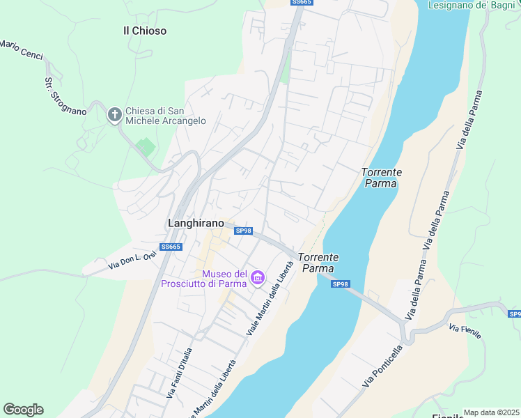 map of restaurants, bars, coffee shops, grocery stores, and more near 35 Via Roma in Langhirano