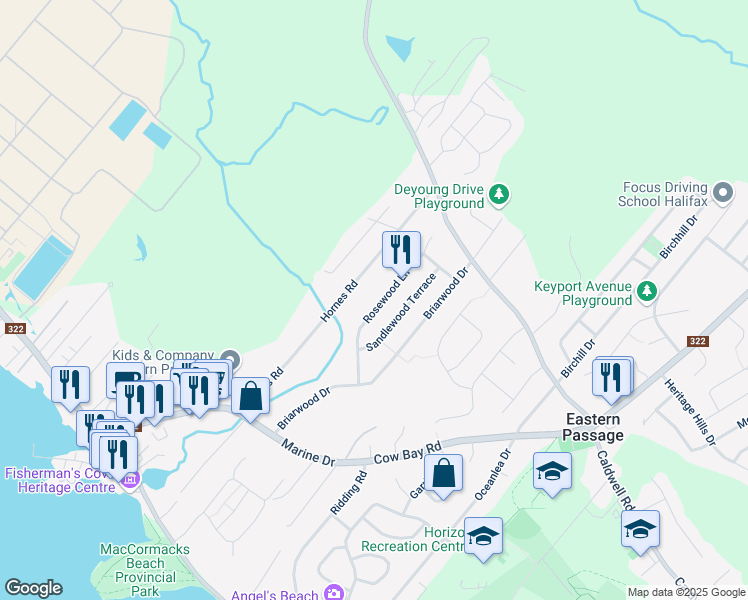 map of restaurants, bars, coffee shops, grocery stores, and more near 64 Rosewood Lane in Eastern Passage