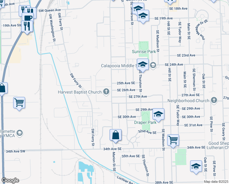 map of restaurants, bars, coffee shops, grocery stores, and more near 366 Southeast 26th Avenue in Albany