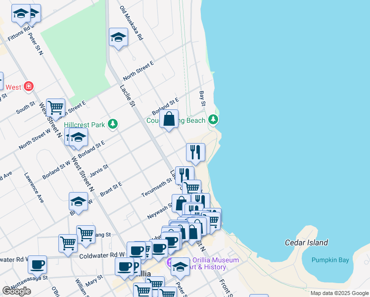 map of restaurants, bars, coffee shops, grocery stores, and more near 157 Brant Street East in Orillia