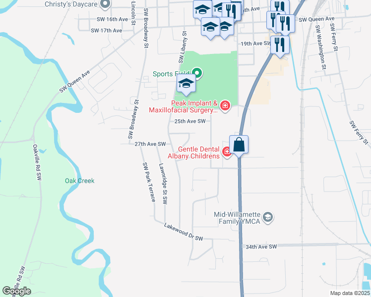 map of restaurants, bars, coffee shops, grocery stores, and more near 1214 Crescent Drive Southwest in Albany